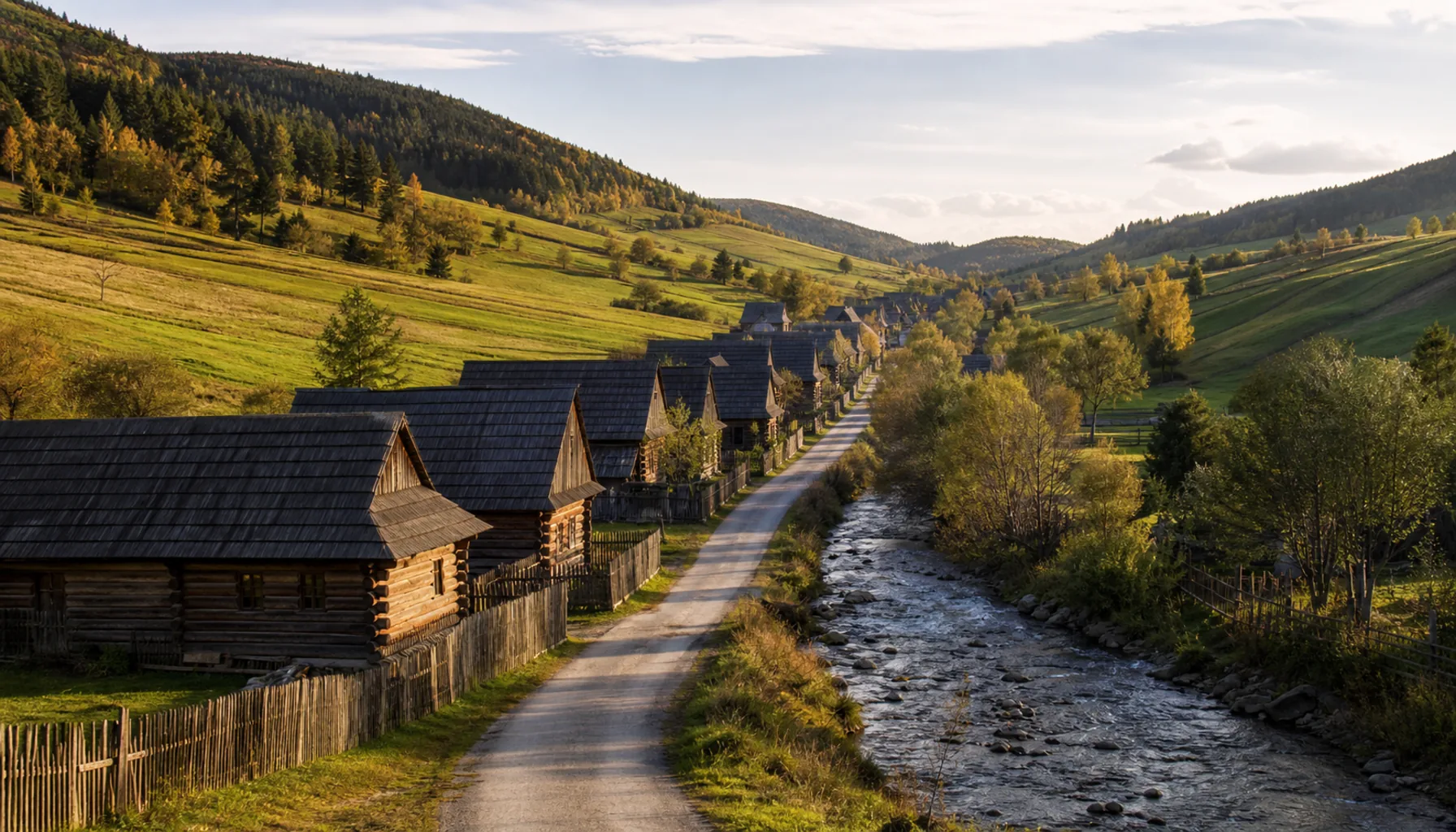 The single street of Osturňa running away between log houses and fields