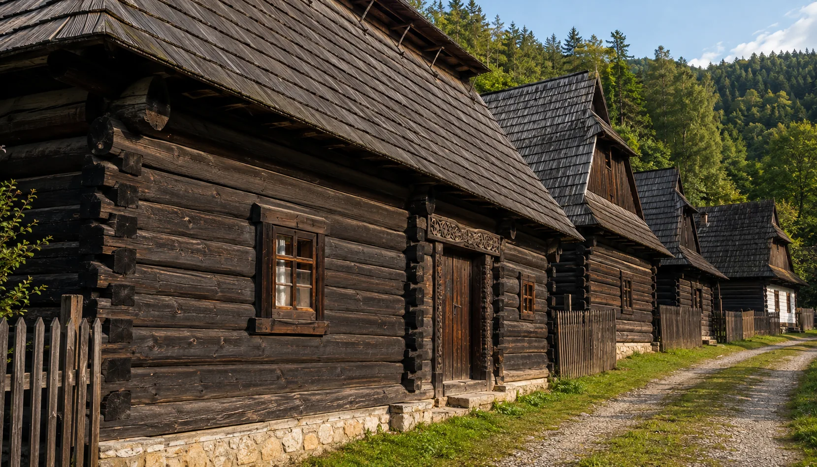 Log houses of Bobrova raľa at Podbiel, gable ends turned to the lane