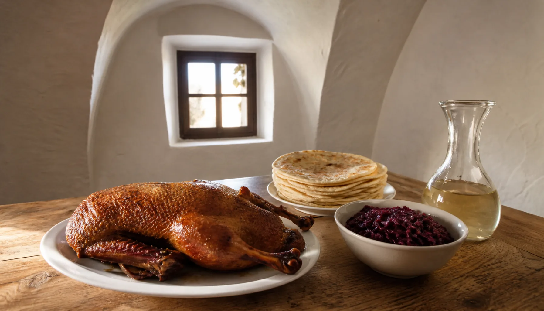 Roast goose with lokše and red cabbage, the fixed autumn meal of Slovenský Grob