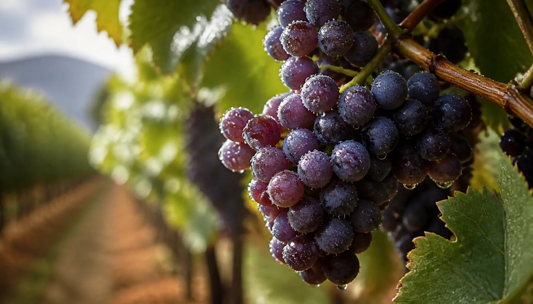 Ripe Frankovka modrá grapes, heavy on the vine before the autumn harvest