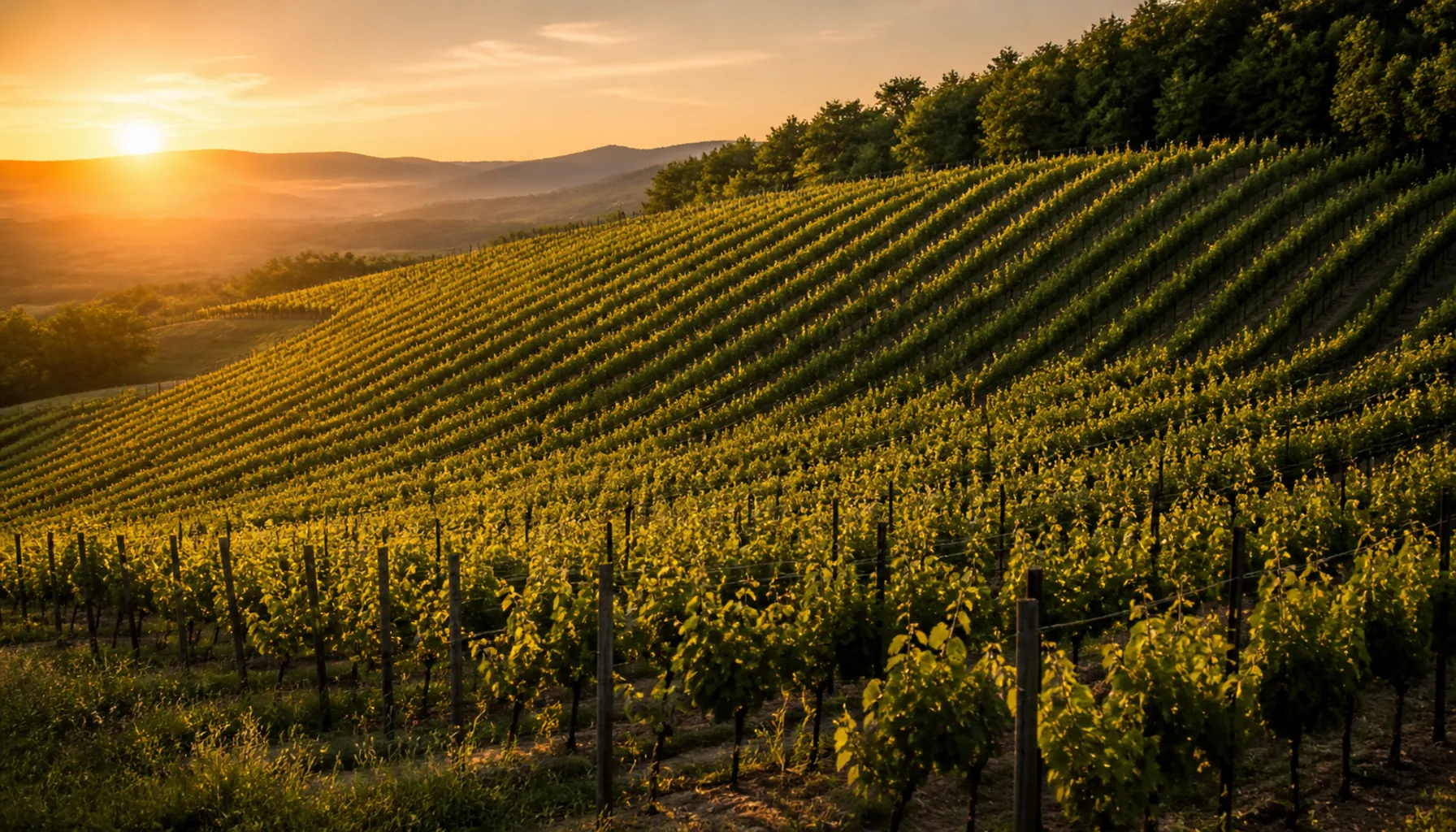 Vine rows climbing a Small Carpathians hillside above Pezinok in the low evening sun