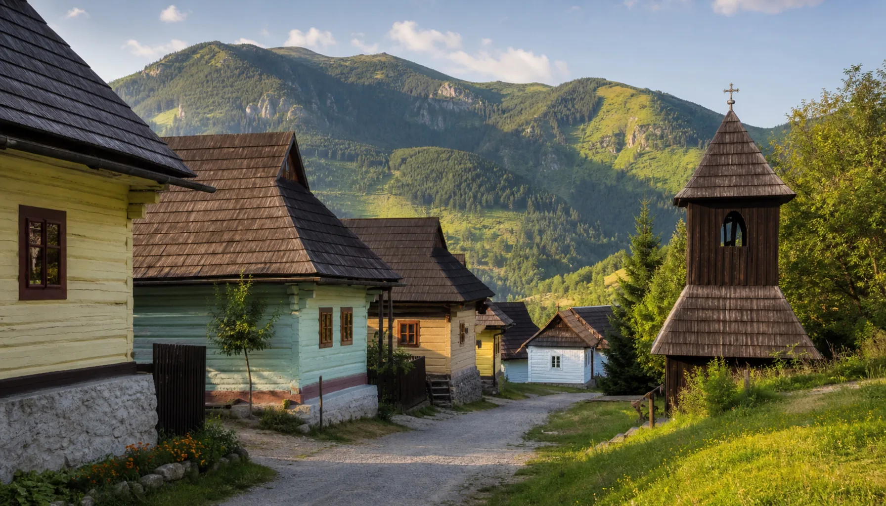 The log houses of Vlkolínec on their shelf above Ružomberok